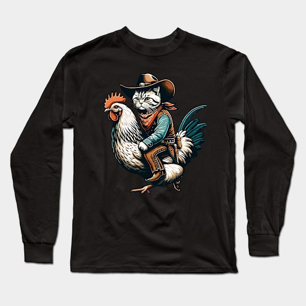 Meowdy Cat Riding Chicken Long Sleeve T-Shirt by VisionDesigner